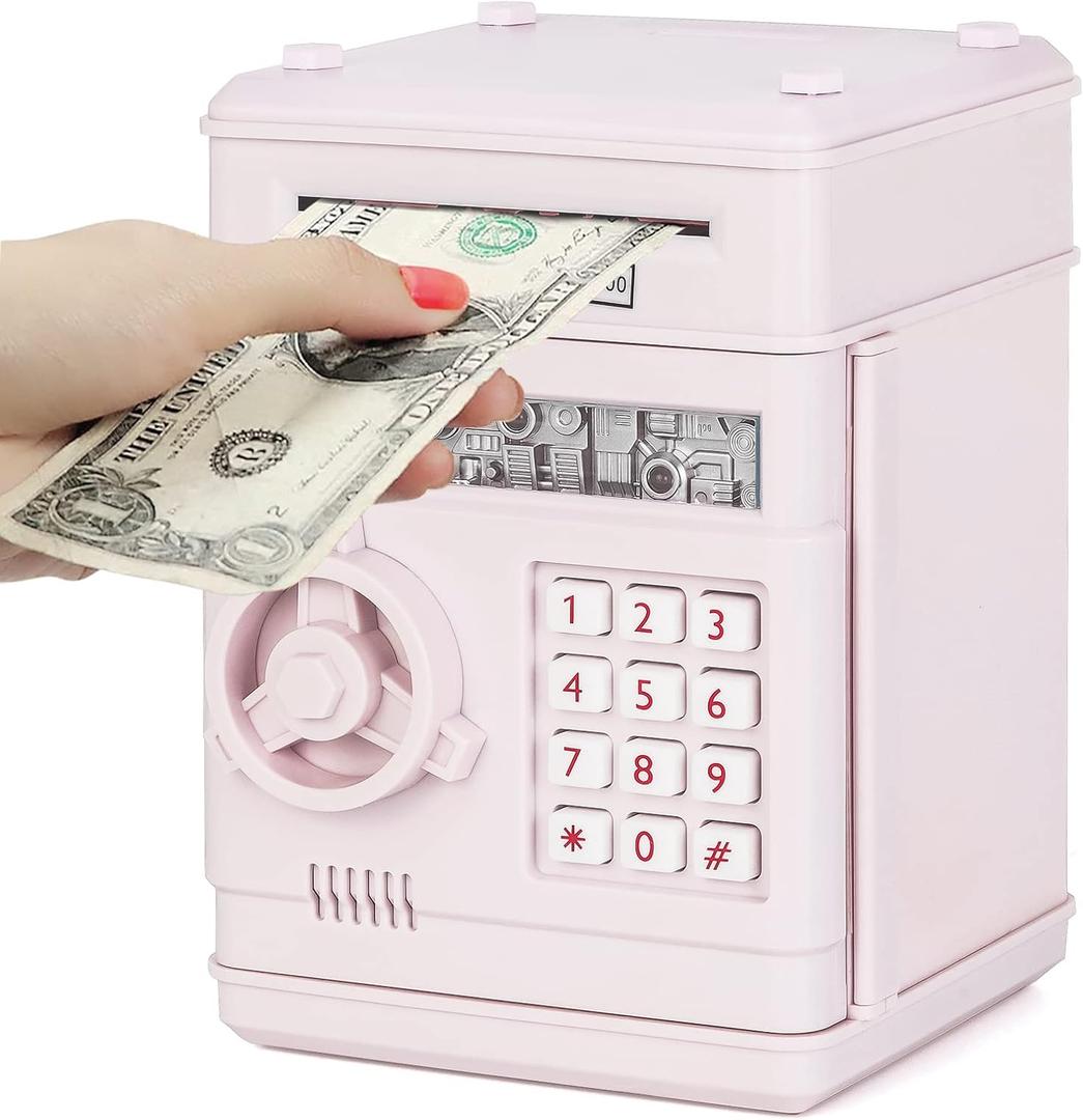 Refasy Piggy Bank Cash Coin Can ATM Bank Electronic Coin Money Bank for Kids Age 3-12, Money Savings Box Mini ATM Coin Bank Toys Gifts for 3 4 5 6 7 8 9 10 11 12 Year Old Boys Girls (Light Purple)