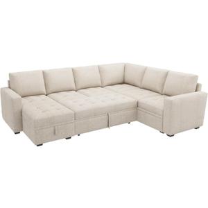 HONBAY Sectional Sleeper Sofa Couch with Pull Out Bed, Convertible L Shaped Couch with Storage, Sleeper Sectional Sofa Bed for Living Room, Beige