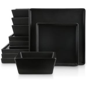Square Stoneware Dinnerware Set, 12 Piece Service For 4, Plates and Bowls Dish Set, Black
