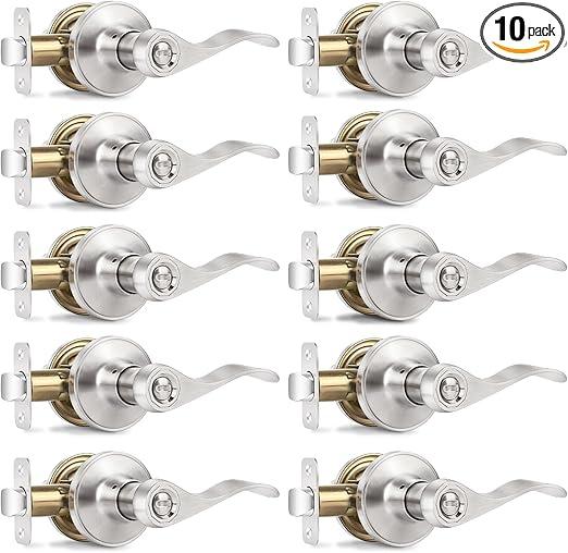 10 Pack Privacy Door Levers Brushed Nickel Door Handles, Wave Style Reversible Keyless Door Handles, Heavy Duty Interior Door Knobs for Bedroom Bathroom Doors