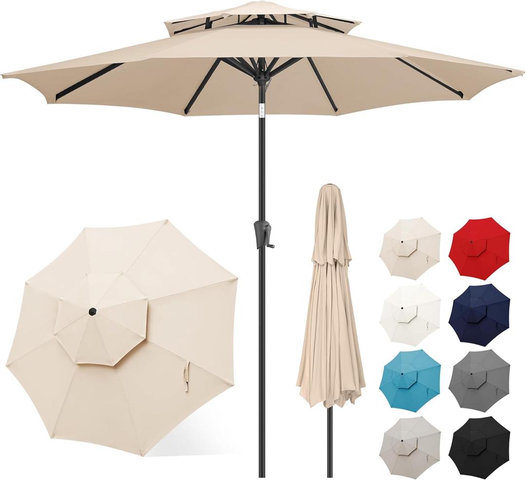 FLAME&SHADE 9ft Patio Umbrella - 2 Tiers Outdoor Umbrella with Push Button Tilt and Crank for UV Protection, Table Market Umbrella for Garden, Deck, Backyard, Pool and Beach(Beige)