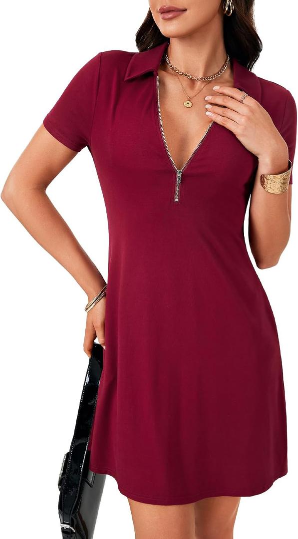 LYANER Women's Sexy Zipper Front V Neck Mini Dress Casual Low Cut Short Sleeve Ruffle A Line Short Dresses (Red, XS)