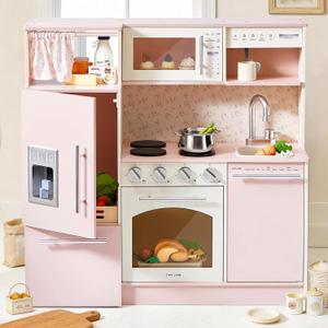 Tiny Land Play Kitchen for Kids, Upgraded Wooden Kitchen Toy with Complete Play Areas, Pretend Cooking Set with Sink, Stove, Microwave, Toy Coffee Station & Storage for Kids Ages 3+, 31.89" W x 11.42" D x 31.5" H