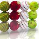 12PCS Christmas Ornaments Balls, 3.15" Red Green Velvet Shatterproof Christmas Tree Decorations with Sparkling Stripes and Dots, Holiday Party Decorative Hanging Baubles