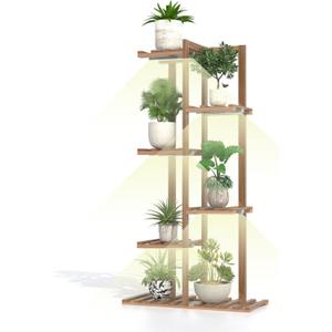 Solatmos Bamboo Plant Stand With Grow Lights Indoor Plants Outdoor Corner Plant Shelf Flower Stands for Living Room Patio Garden Corner Balcony (Wood, 7 Tier)