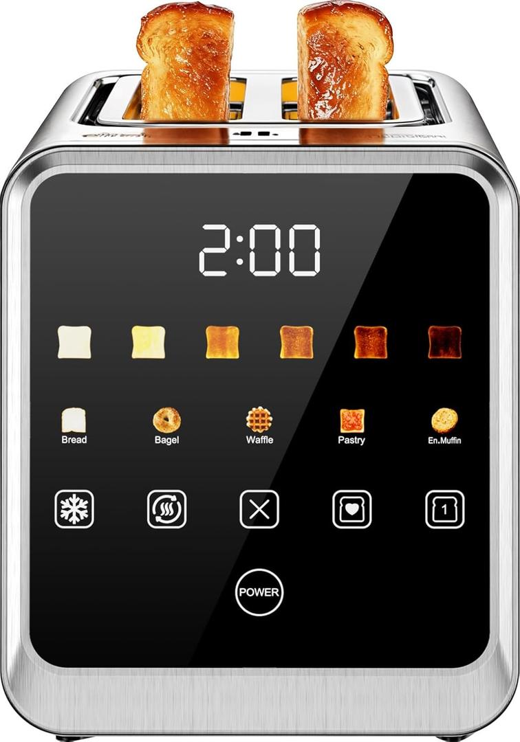 Touch Screen Toaster 2-Slice with 1.5" Wide Slots & Memory Recall | 900W Stainless Steel Smart Digital Toasters | 6 Shade Settings for Bagels & Thick Bread