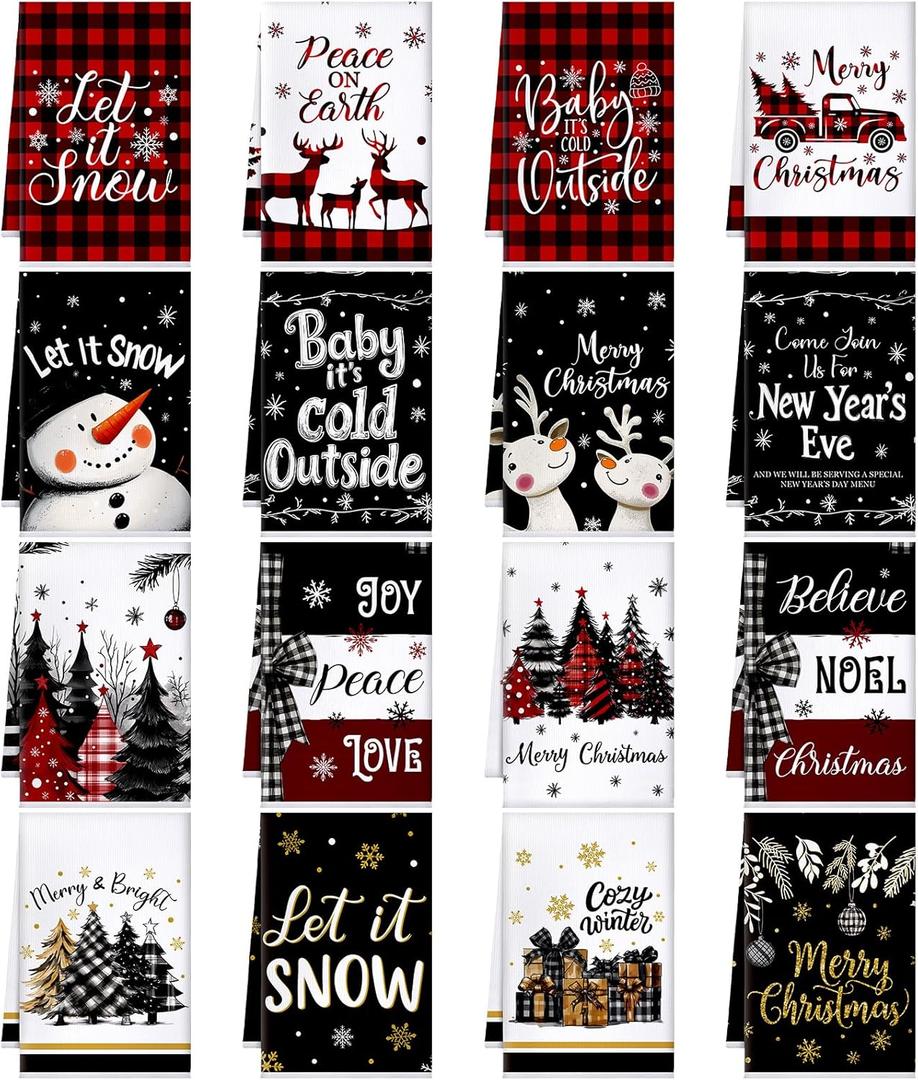 Bencailor 16 Pcs Christmas Kitchen Towels Xmas Holiday Hand Dish Towels Buffalo Plaid Snowman Truck Tea Dishcloths for Christmas Winter Holiday Kitchen Bathroom Home Decor Gifts (Red, Black)