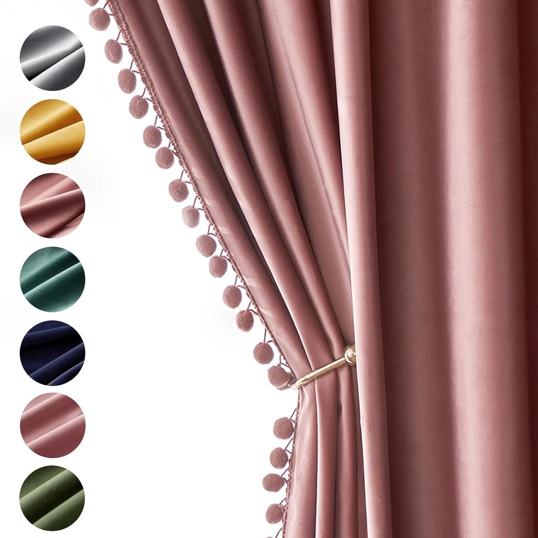 MIULEE Dry Rose Pink Pom Pom Velvet Curtains for Bedroom/Living Room Darkening Thermal Insulating 84 Inches Long Blackout Curtains with Rod Pocket for Girls Room/Nursery/Home Theater Set of 2, 52"W x 84"L