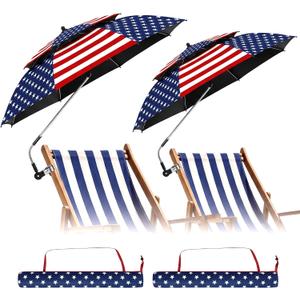 Patriotic 360adjustable Portable Outdoor Wheelchair 48.6" Double Canopy Beach Umbrella Upf50+ Beach Chair Umbrella with Clip Sun Protection for Chairs Wheelchair Golf Carts Camping