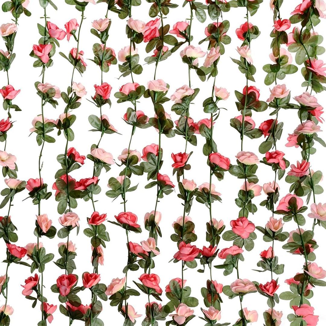 10 Pack Artificial Rose Vine Fake Flower Garland Fake Rose Hanging Vine Artificial Flowers for for Wedding Party Background Arch Garden Background Decoration Total 82 Ft (10, Pink)