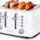 Roter Mond Toaster 4 Slice Retro Stainless Steel with Extra Wide Slots Bagel, Defrost, Reheat Function, Dual Independent Control Panel, Removable Crumb Tray, 6 Browning Levels, White