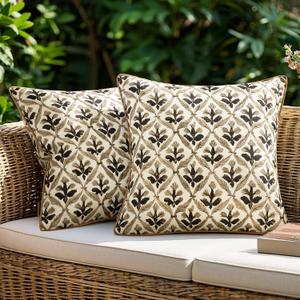 MIULEE Pack of 2 Decorative Outdoor Waterproof Throw Pillow Covers Flower Print Chic Boho Accent Pillow Covers for Square Garden Patio Cushion 16x16 Inch, Coffe-Brown