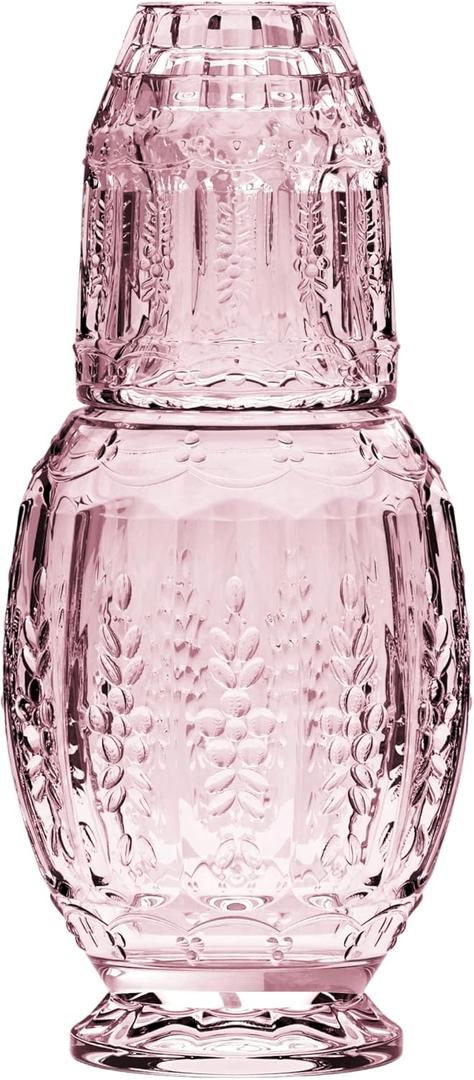 Elle Dcor Vintage Bedside Water Carafe With Tumbler  Elegant Pitcher and Matching Drinking Glass Doubles As Lid For Guest Room, Office-Makes A Gift, 4.7x10.4, Pink