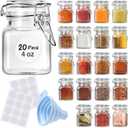 SKOCHE Spice Jars 20 Pack Small 4 oz Glass Jars with Airtight Hinged Lids, Spice Herb Jars with Labels and Silicone Funnels, 4oz Glass Jars with Lids Ideal for Spice Herbs