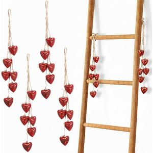 4 Pcs Metal Red Heart Cowbells Indoor Outdoor Decorative Red Cowbells Tibetan Meditation Bell with 6 Heart Bells on Jute Hanging Rope for DIY Crafts Wedding Mother Day Decoration, 1.4 Inch