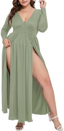 SILUI Women's 2025 Fall Western Dress Sexy Double High Slit Deep V Neck Plus Size Long Sleeve Maxi Club Party Dresses L