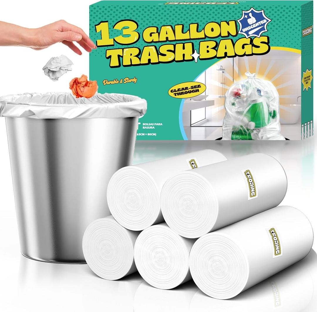 13 Gallon Tall Kitchen Trash Bags - 110 Count Clear Plastic Garbage Bags Unscented Trash Can Liners Strong Waste Basket Bags 49.2 Liter for Home and Office Bins