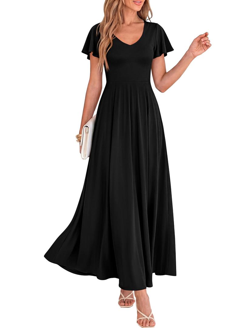 BTFBM Formal Dresses for Women Summer Outfits V Neck Ruffle Sleeve A Line Maxi Elegant Cocktail Wedding Guest Dress 2026 S