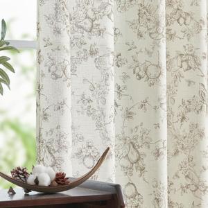 Jjinchan Linen Floral Curtains for Living Room 96 Inch Length Taupe Printed Flower French Country Curtain Farmhouse Cottage Core Toile Curtains Back Tab Light Filtering Window Drapes Set 2 Panels, Flower Taupe on White