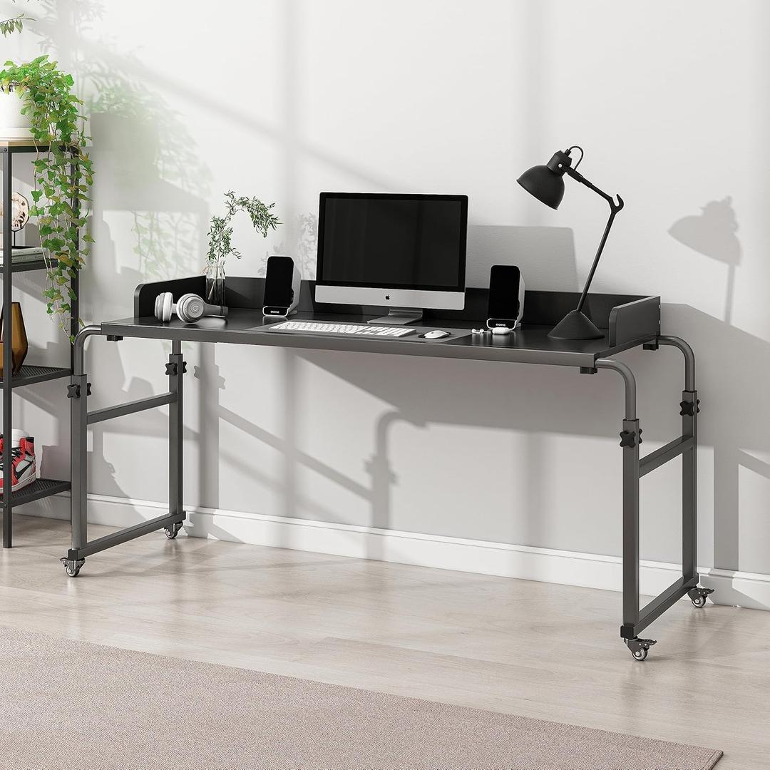 LingMi Overbed Table with Wheels - Adjustable Height Bed Desk for Laptops, Queen & King Size, Heavy Duty Metal Leg (Black)