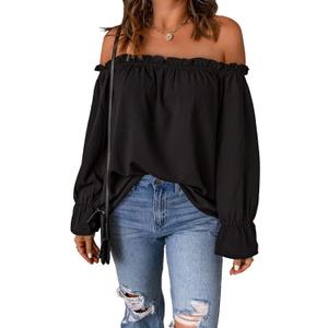 Women's Off Shoulder Top Ruffle Long Sleeve Chiffon Blouse Casual Loose Shirts (Large, 01 Black)