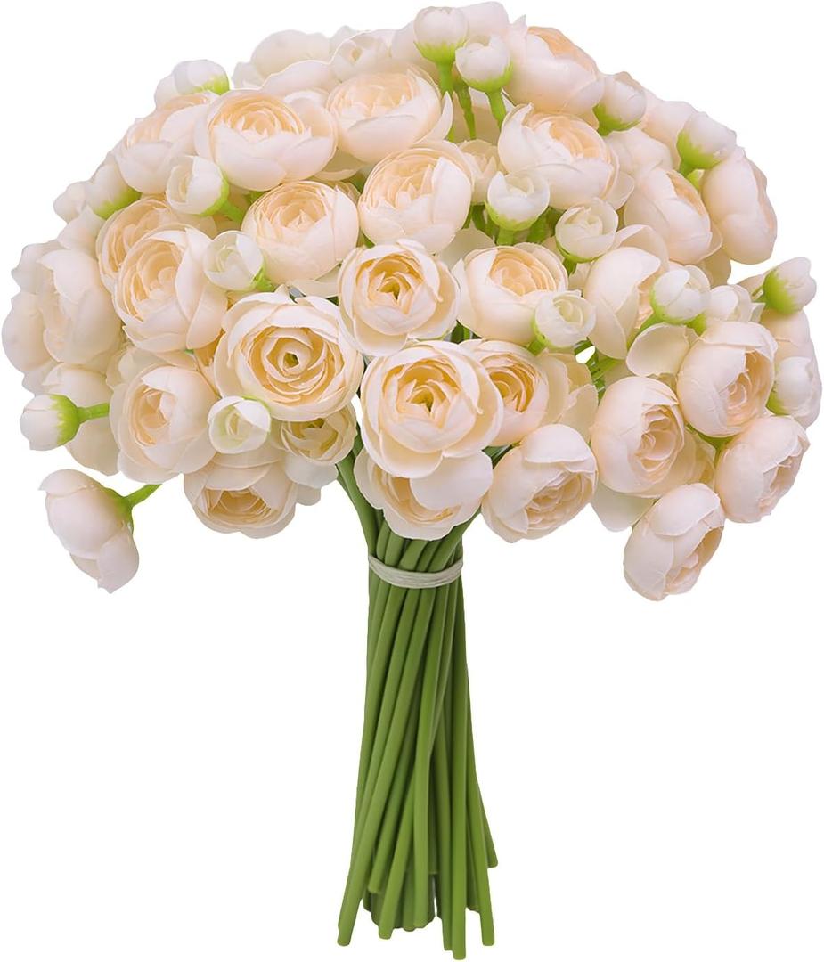 32Pcs Ranunculus Artificial Flower, Faux Light Champagne Ranunculus Flowers for DIY Bouquet, Bulk Fake Peony Wedding Filler Flowers for Centerpieces Arrangements Bridal Shower Decorations