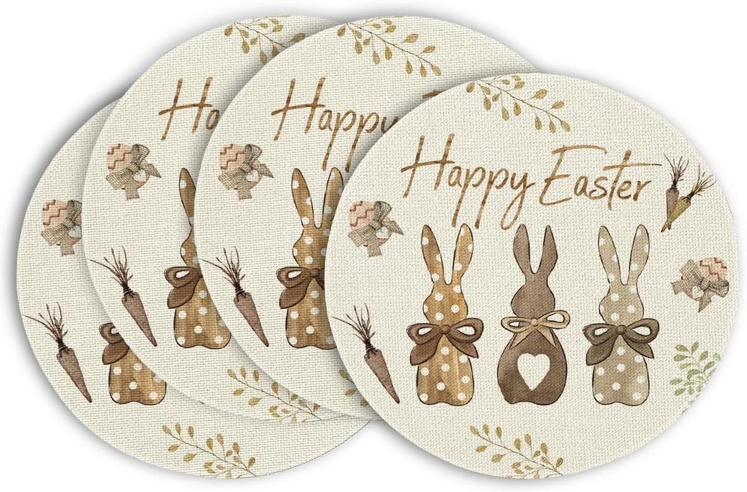Artoid Mode Carrots Rabbit Bunny Happy Easter Round Placemats Set of 4, 15 Inch Spring Round Table Mats for Dining Decoration (Beige)
