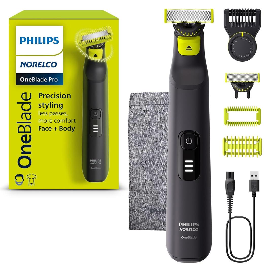 Norelco Philips OneBlade Pro 360 Face + Body, Electric Shaver, Beard Trimmer and Body Groomer, with 360 Blade Technology, 14-Length Precision Comb, Body Kit, Soft Pouch, Model QP6542/70 (Black/Lime Green)