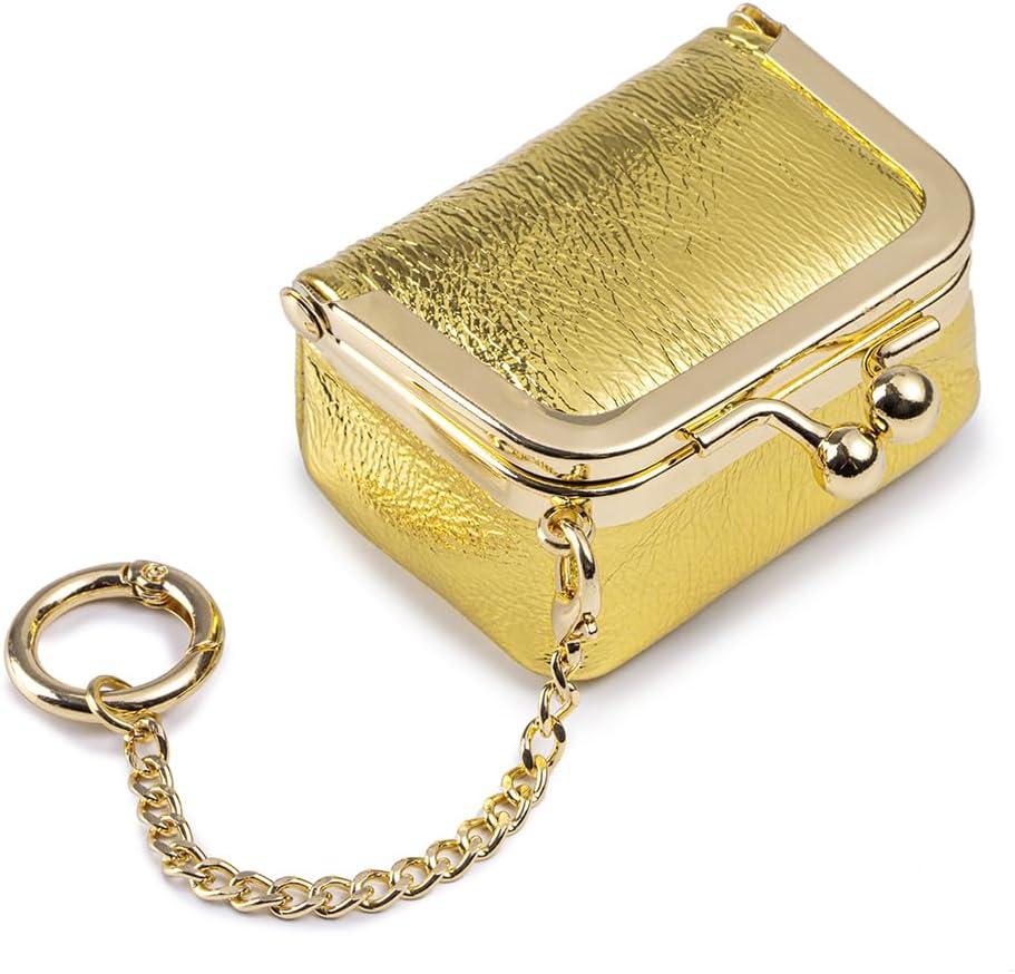 Small Travel Jewelry Case, Clip-on & Bag Charm Pouch, Jewelry Pouch with Keychain, Genuine Leather Kiss Lock Jewelry Box for Earrings Rings Necklace(Golden)