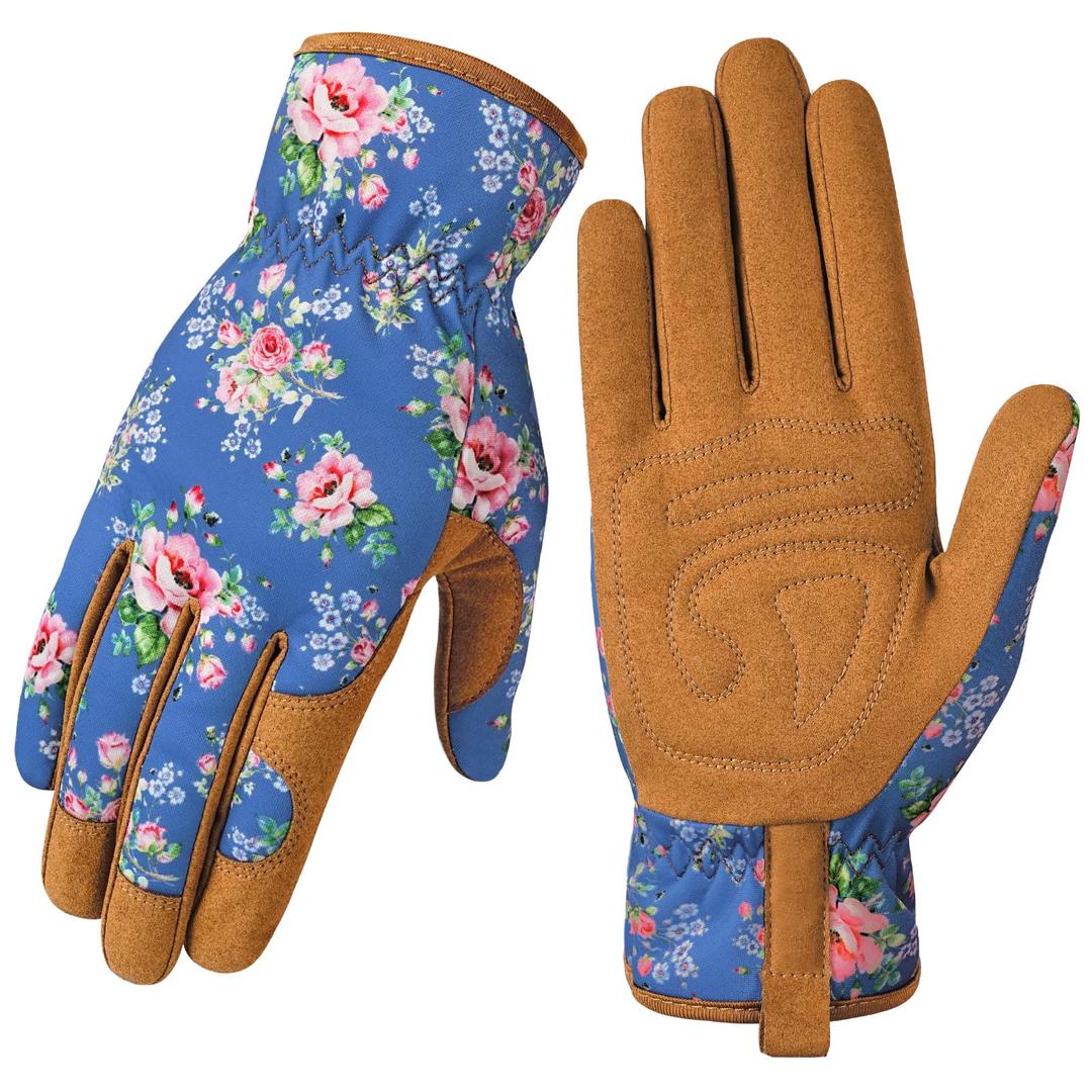 Garden Gloves for Women - Breathable leather Floral Gardening Gloves with Grip, Thorn-Proof Puncture-Resistant Work Gloves for Weeding, Digging, Planting, Raking and Pruning, Green Flower