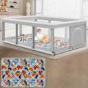 Large Baby Playpen with Mat, 74" 50", Large Play Yards Indoor & Outdoor, Sturdy Safety Baby Play Pen with Soft Breathable Mesh, Toddlers Play Pen with Anti-Slip Base, Mat Included (Grey + Animals Mat)