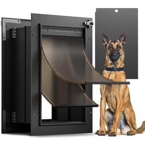Dog Door for Wall, All Aluminum Large Doggy Door Doggie door, Pet Door Easy to Install, 2 Magnetic Flaps Energy Efficient, Wide Telescoping Tunnel for Interior & Exterior Walls, Pet Up to 110 Lb-Black