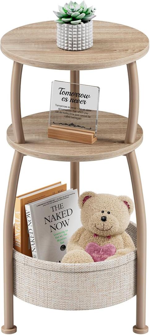 Small Side Table with Storage Basket, Space Saving Round End Table 3-Tier Bedside Corner Table for Living Room, Bedroom, Garden and More 11.81in Light Oak