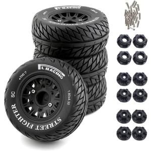 1/10 RC Short Course Truck Tires And Wheels With 12mm 14mm 17mm Hex 113mm 1/8 Rubber Tyres For 1/8 or 1/10 Scale On Road Car HSP Sonic 94102 GT PTG-2 Tamiya TT02 RC Racing Car 4PCS (Black B)