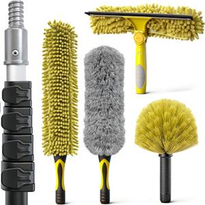 5-in-1 20Ft 4-Stage Telescoping Extension Pole Kit for Cleaning | High Reach Duster, Chenille Window Squeegee, Microfiber Feather, Cobweb Duster for Ceiling Wall Hard-to-Reach