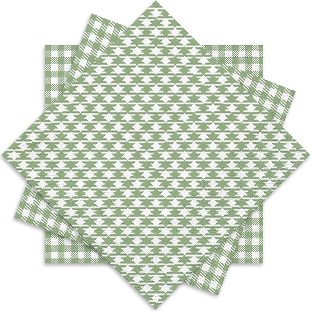 Whaline Sage Green Plaid Paper Napkins Checkered Disposable Dinner Napkins Decorative Luncheon Napkin for Home Party Table Decor, 50Pcs (6.5 x 6.5 inch)