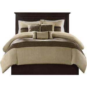 Madison Park Palmer Comforter Set-Luxury Faux Suede Design, Striped Accent, All Season Down Alternative Bedding, Matching Shams, Decorative Pillow, Bed Skirt, Queen (90 in x 90 in), Natural 7 Piece
