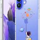 Compatible with iPhone 16 Case Clear Cute for Women - Rugged Phone Cases Funda Protector Cover Skin (Blue Planets Galaxy Astronaut)