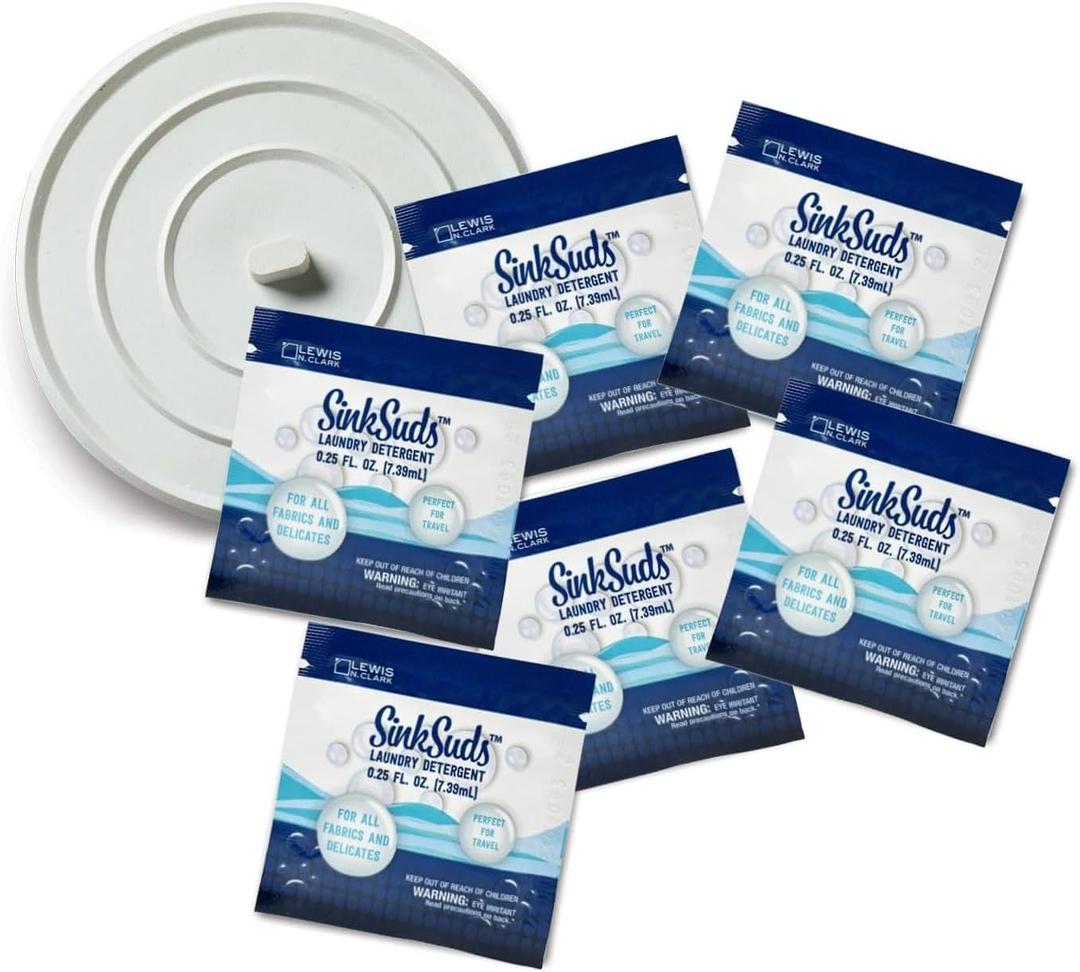SinkSuds Laundry Detergent Travel Size Liquid Soap TSA Compliant Safe for All Fabrics 6 Packets & 1 Sink Stopper, 0.25 Fl Oz (Pack of 6)