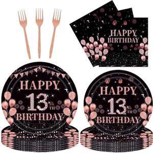 96PCS 13th Birthday Party Plates Set Rose Gold Theme Decorations Include Rose Gold Plates and Napkins Forks for 13 Year Old Girls Birthday Party Supplies Serves 24 Guests