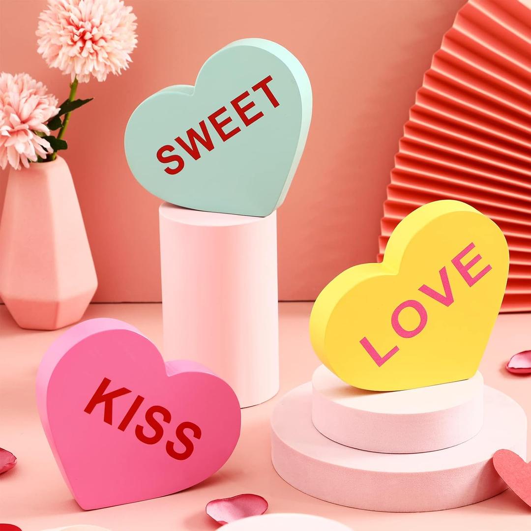 Qunclay 3 Pcs 5 Inch Large Valentine Conversation Heart Decorations for Home Valentines Heart Decor Signs Wooden Galentines Gifts Home Mantel Decor Table Blocks for Anniversary Wedding(Warm Style)