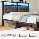 Seventable Bed Frame Twin Size with Charging Station, LED Bed with Upholstered Storage Headboard, Metal Platform Bed with Under Bed Storage, No Box Spring Needed, Noise Free, Easy Assembly, Grey