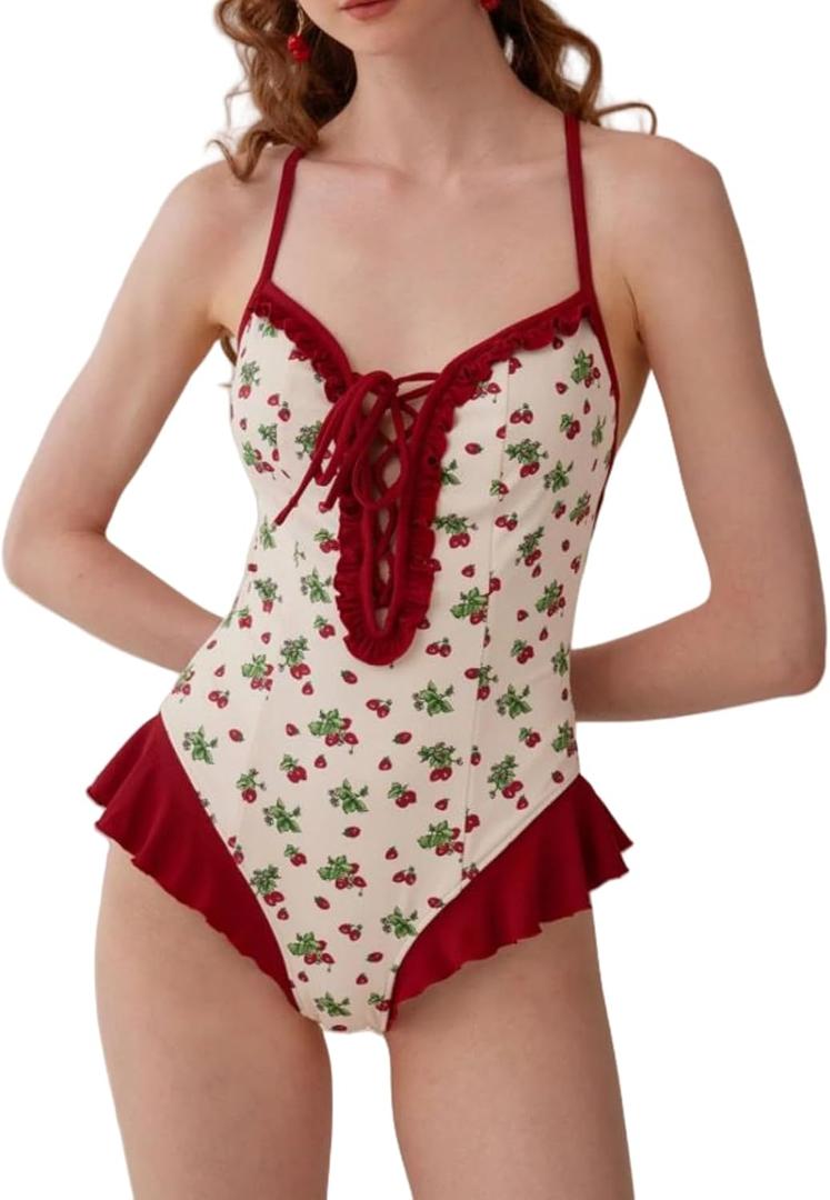 Women's Strawberry Print One Piece Beach Swimsuit with Cross-Back & Lace Trim,Tummy Control V Neck Bathing Suits (Red, L)