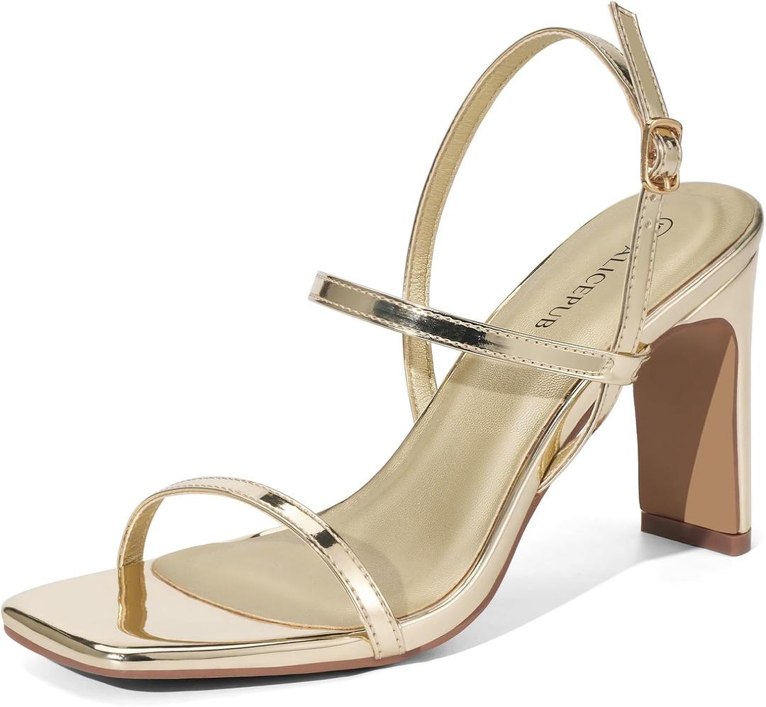 ALICEPUB Women's Chunky Block Heels Strappy Heels Square Open Toe Heeled Sandals Short Heels Comfortable Dressy Shoes Wedding Bridal Party (7.5, Gold)