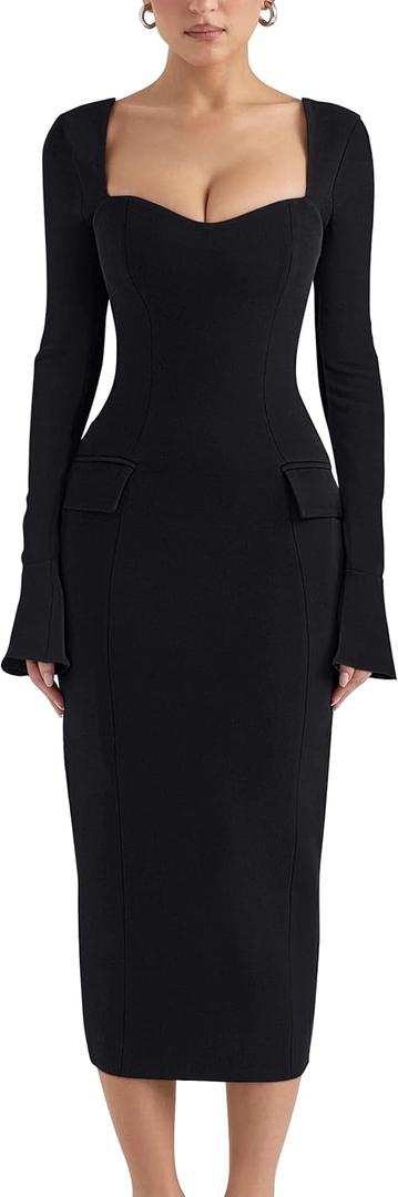 YMDUCH Women's Sexy Long Sleeve Sweetheart Neck Back Slit Bodycon Party Tight Midi Pencil Dress (Medium, Black)