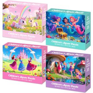 100 Piece Puzzles for Kids Ages 4-6 6-8 8-10, Unicorn Mermaid Fairy Princess Jigsaw Puzzles 100 Pieces Kids Puzzles Ages 3-5 4-6 5-8, Educational Learning Toys Gifts for Girls Boys 4-Pack 15"x10"