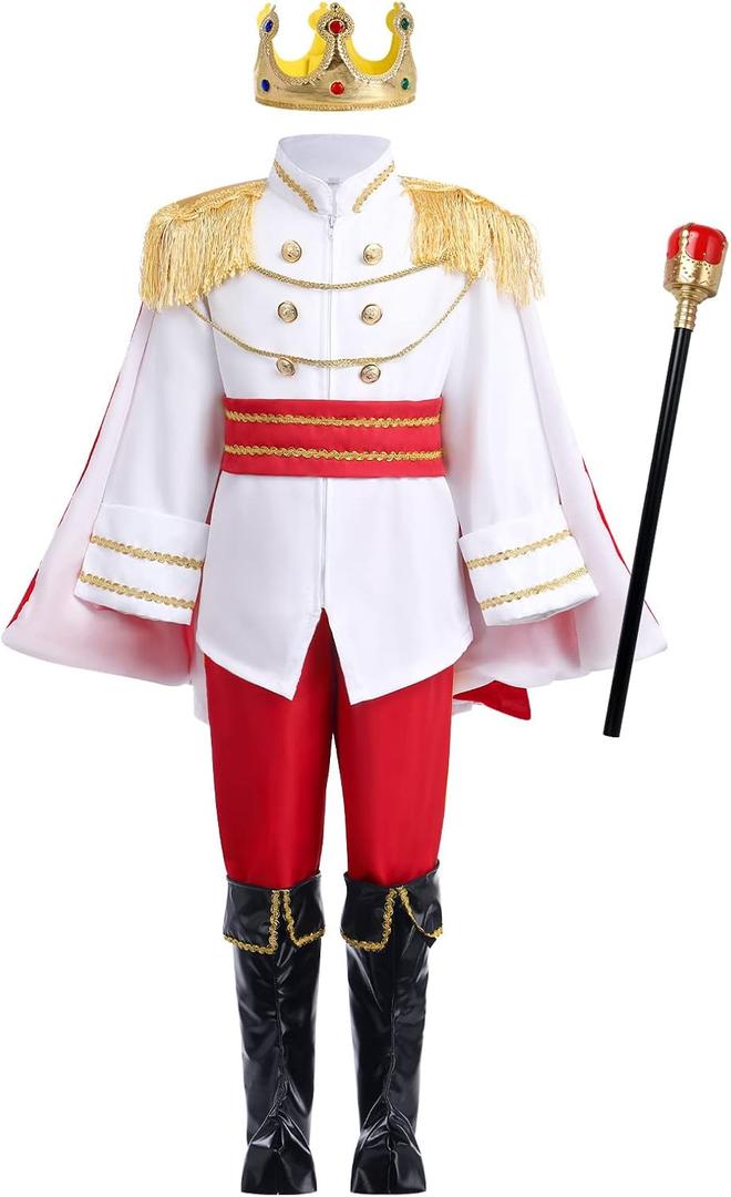 AWIBMK Boys Prince Charming Costume - Kids Medieval Royal King Outfit for Halloween Cosplay Dress Up, 7-8 Years