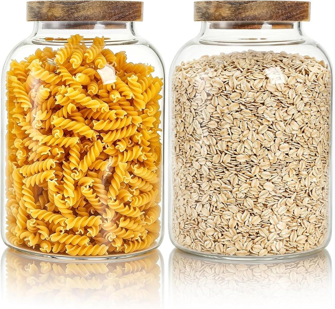 Bekith 2 Pack Large Glass Food Storage Jar with Airtight Wooden Lid, 66 FL OZ(1950ml) Glass Food Canister for Kitchen and Pantry Organization, Storage Containers for Coffee, Rice, Sugar, Flour