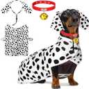 3 Pcs Dalmatian Small Dog Costume Set Cute Dalmatian Dog Poncho Headband and Red Collar with Bell Animal Print Cosplay Costumes Soft Coat for Pet Daily Holiday Dress up Accessories