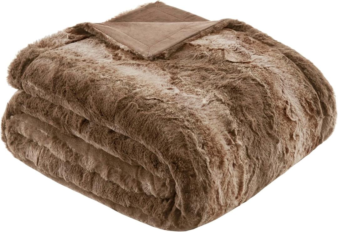 Madison Park Zuri Soft Plush Luxury Oversized Faux Fur Throw Animal Stripes Design, Faux Mink On The Reverse, Modern All Seasons Blanket for Bed, Sofa Couch, Office, Tan, 60x70"